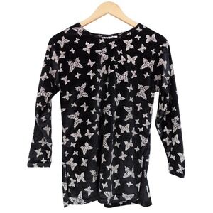 Vintage Amanda Paris Butterfly Velvet Long Sleeve Top Black Patterned Size Small